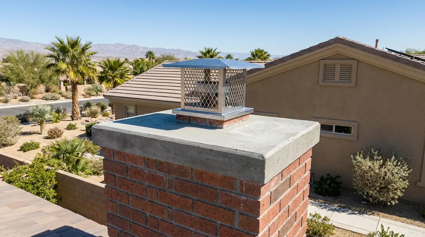 A new poured concrete chimney crown and stainless flue cap on a Spring Valley chimney