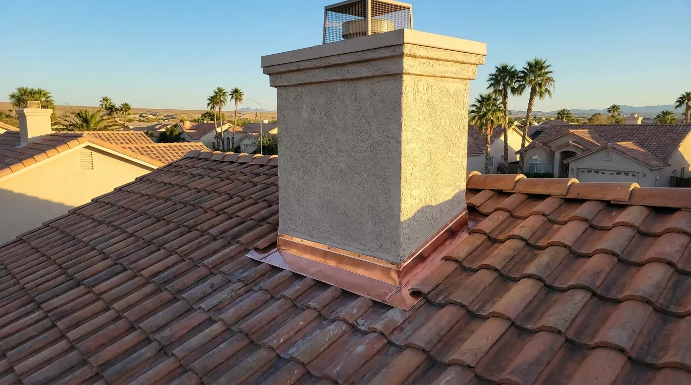 Chimney flashing being repaired where a brick chimney meets the roof in Spring Valley