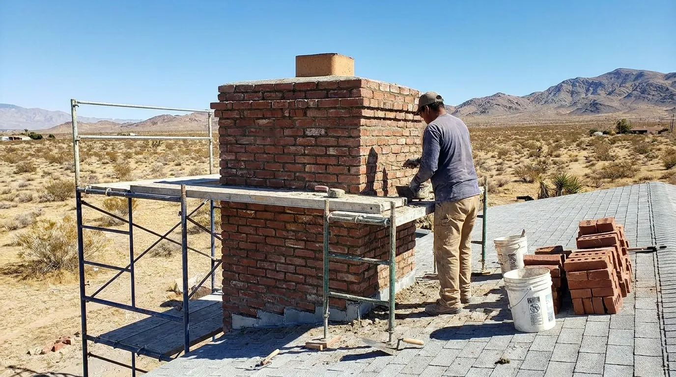 Weathered brick chimney under repair in the Spring Valley desert