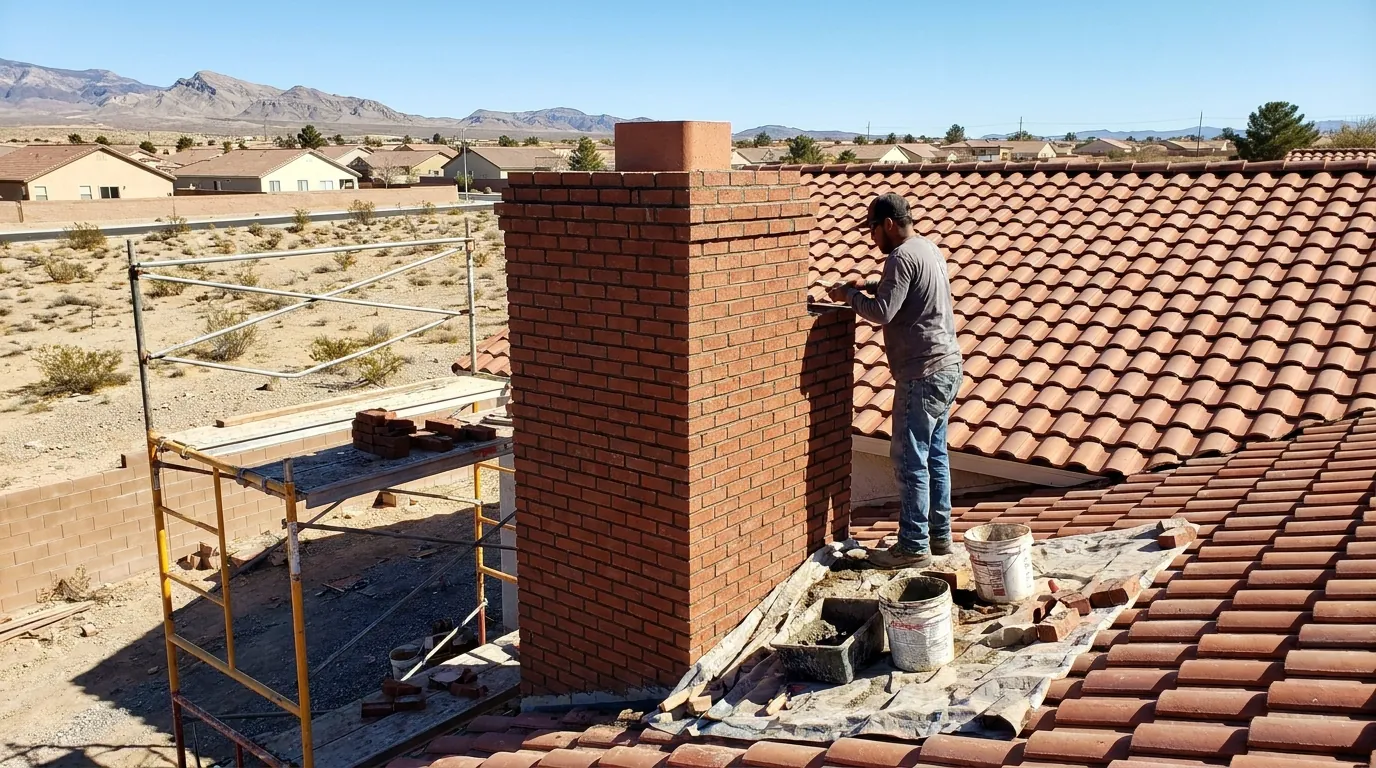 A brick chimney being rebuilt above the roofline of a Spring Valley home