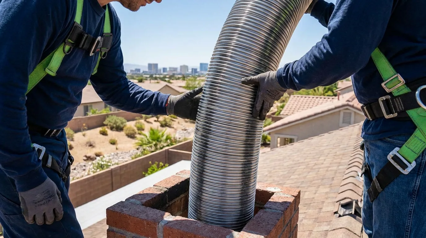 A stainless steel chimney liner being installed in a Spring Valley chimney flue