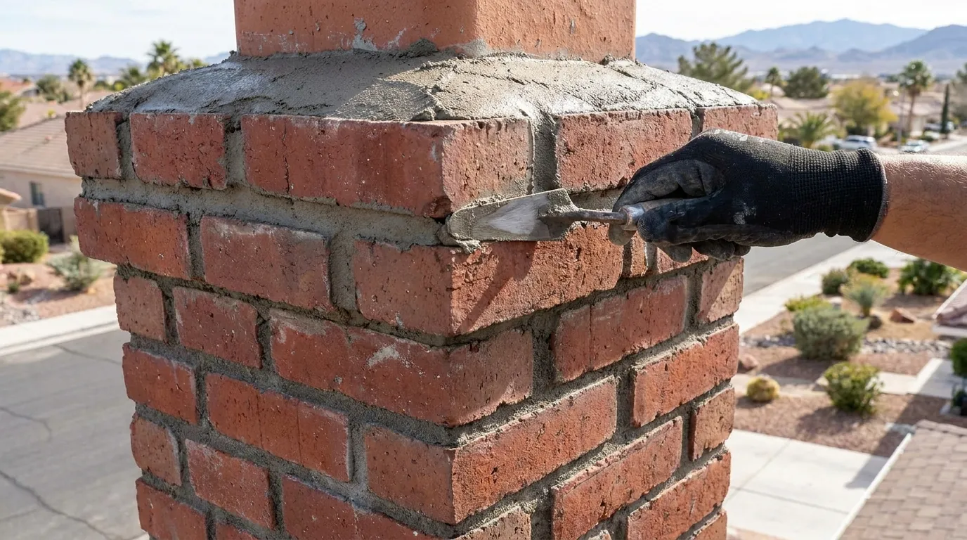 Fresh mortar joints being repointed on a brick chimney in Spring Valley